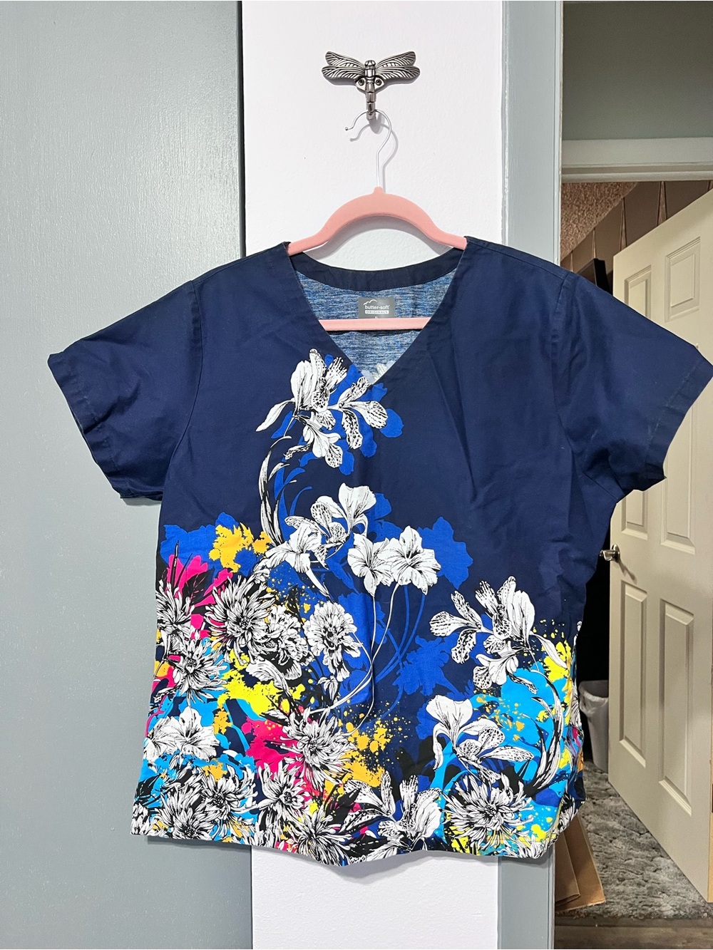 Navy Floral V-Neck Women's Scrub Top Butter-soft Originals XL